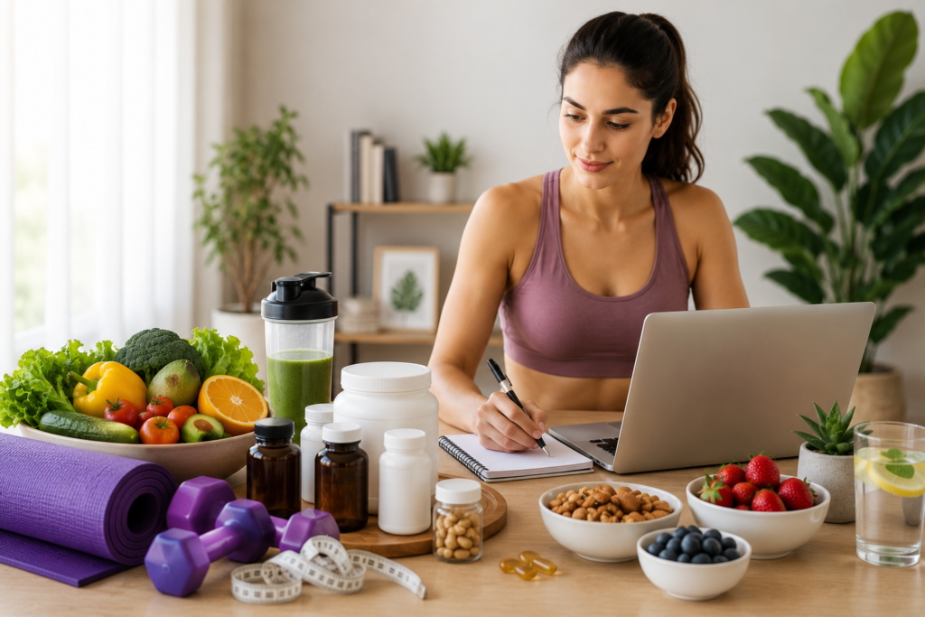 Healthy lifestyle woman reviewing health supplements with fitness and wellness products